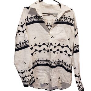 J Crew Linen Popover Tribal Print Shirt Size Medium Black White Long Sleeve Line